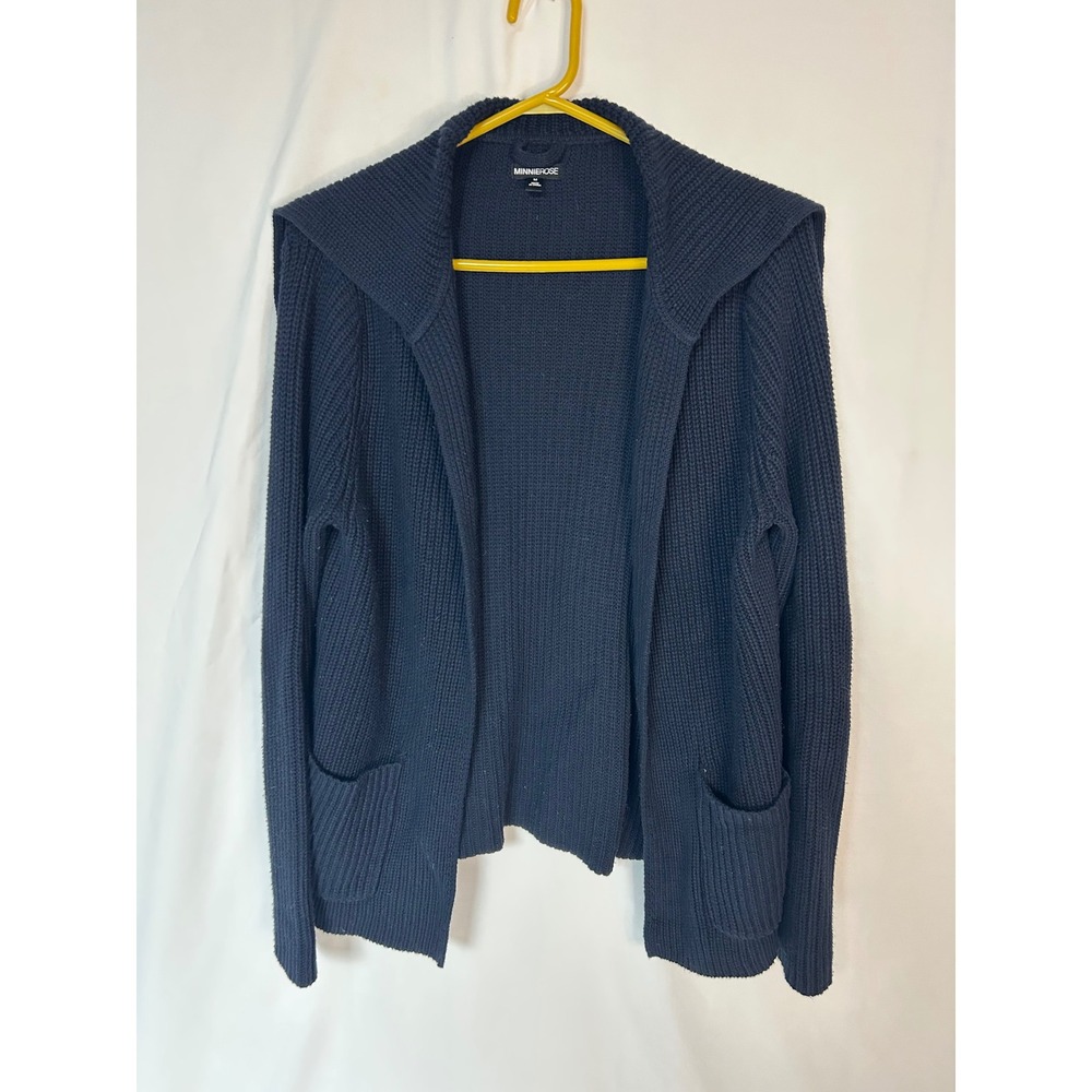 Minnie Rose Navy Blue Cotton Cashmere Ribbed Open Front Hooded Cardigan 8511 M
